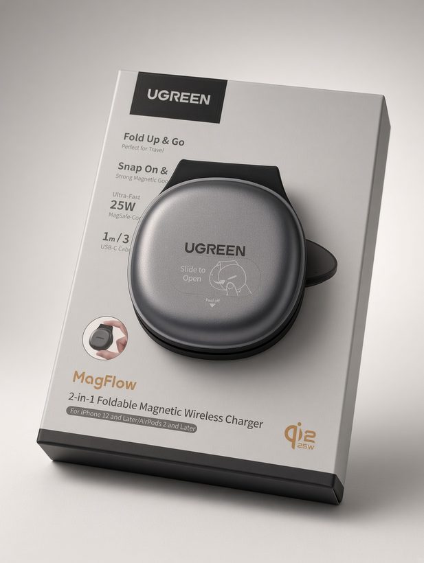 Retail box for the UGREEN MagFlow 2-in-1 Foldable Magnetic Wireless Charger, showing the folded circular charger on the packaging, labeled 25W Qi2 and compatible with iPhone 12 and later
