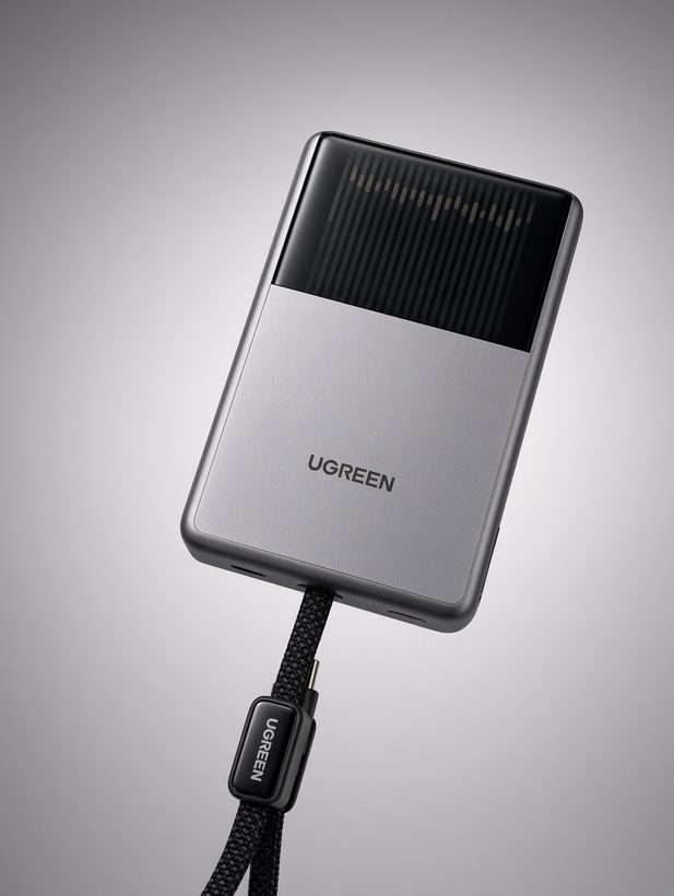UGREEN MagFlow Pro PB793 power bank with front display window and built-in USB-C cable extended