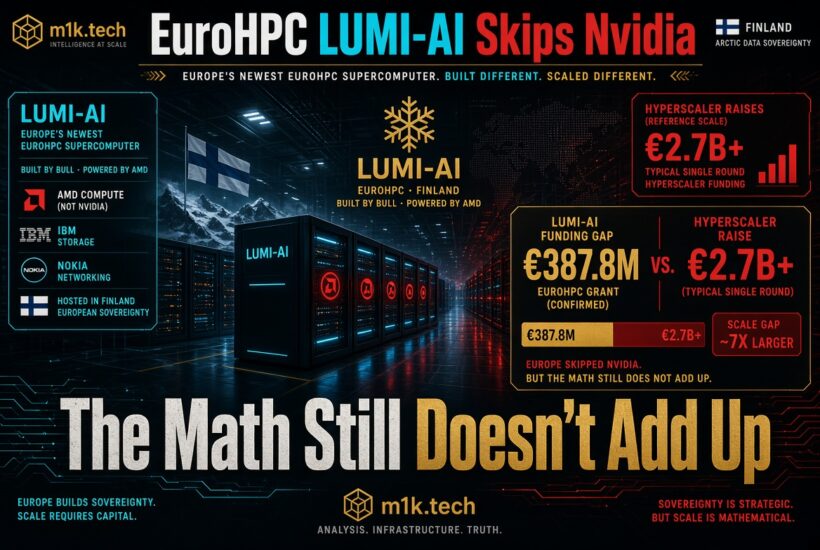 Infographic: EuroHPC LUMI-AI supercomputer in Finland, built by Bull with AMD compute (not Nvidia), IBM storage, Nokia networking. LUMI-AI funding gap is €387.8M EuroHPC grant versus typical hyperscaler raise of €2.7B+, a scale gap roughly 7x larger. Text concludes Europe skipped Nvidia but the math still doesn't add up; Europe builds sovereignty, but scale requires capital