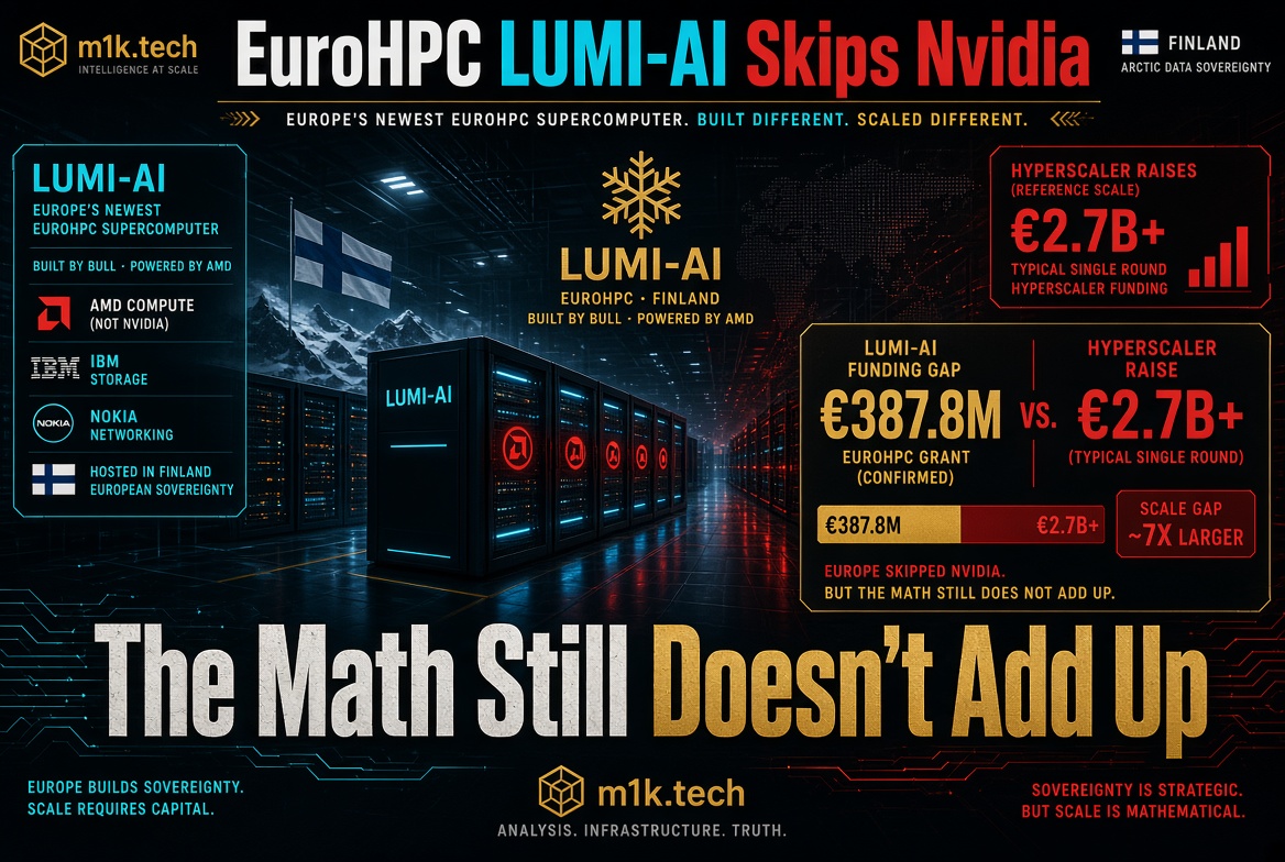 Infographic: EuroHPC LUMI-AI supercomputer in Finland, built by Bull with AMD compute (not Nvidia), IBM storage, Nokia networking. LUMI-AI funding gap is €387.8M EuroHPC grant versus typical hyperscaler raise of €2.7B+, a scale gap roughly 7x larger. Text concludes Europe skipped Nvidia but the math still doesn't add up; Europe builds sovereignty, but scale requires capital