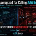 Infographic contrasting Western AAA studio layoffs and empty desks with Japan's studios showing 97% staff retention, smaller agile teams, and no shareholder moonshot needed; text reads "Japan's Studios Never Needed the Apology