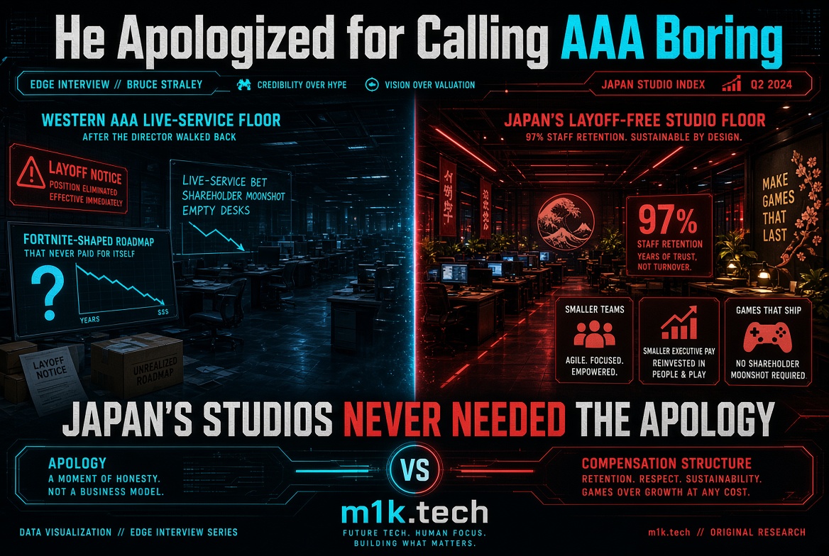 Infographic contrasting Western AAA studio layoffs and empty desks with Japan's studios showing 97% staff retention, smaller agile teams, and no shareholder moonshot needed; text reads "Japan's Studios Never Needed the Apology
