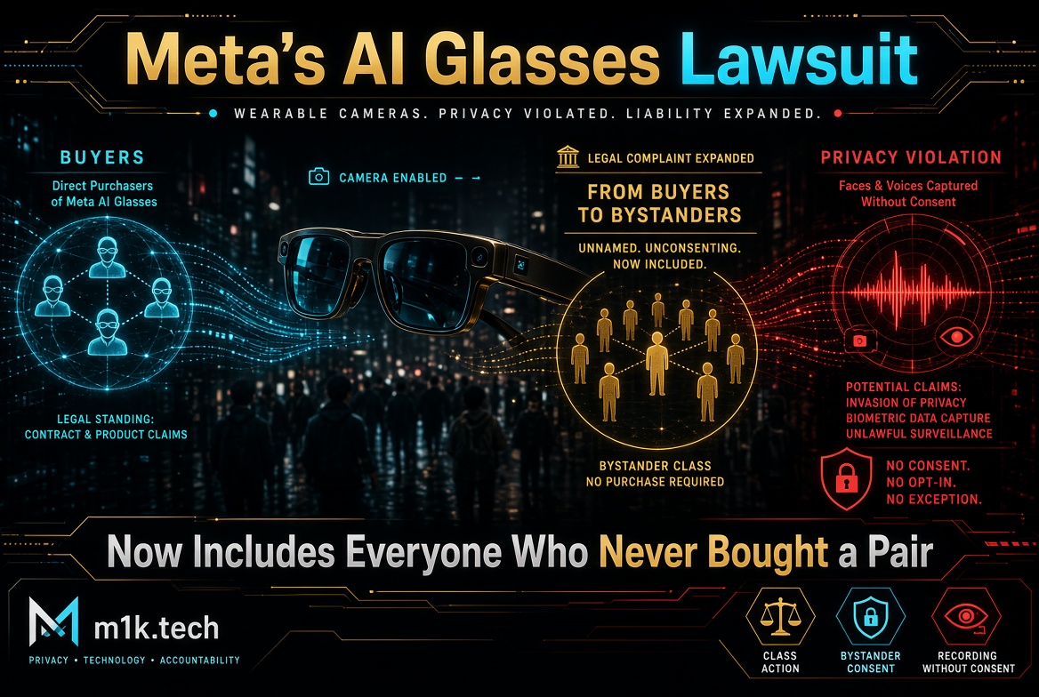 Infographic on Meta AI Glasses lawsuit: expands legal claims from buyers to bystanders whose faces and voices were recorded without consent, raising privacy invasion, biometric capture, and surveillance claims now covering anyone near the glasses, not just purchasers