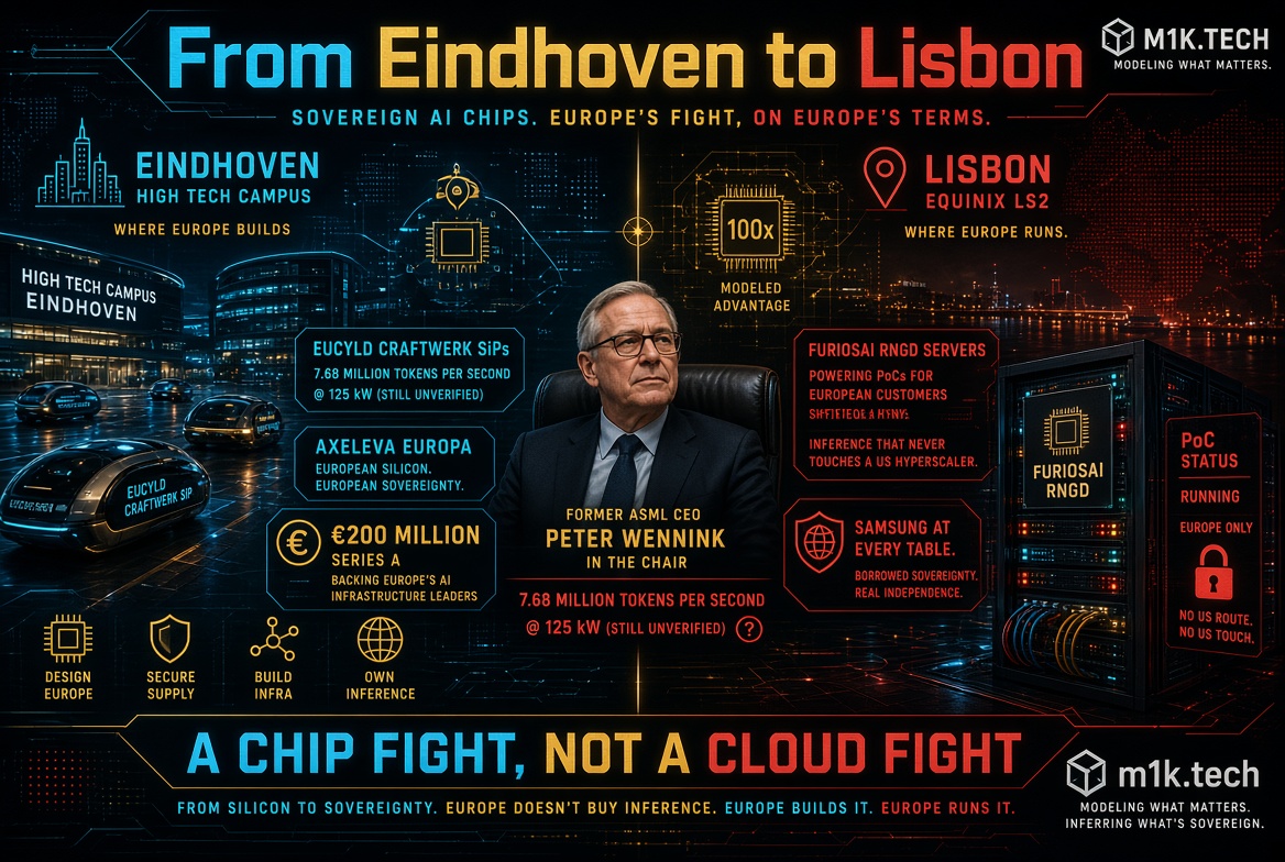 Infographic: Eindhoven to Lisbon sovereign AI chips, Peter Wennink, Eucyld Craftwerk SiPs 7.68M tokens/sec, €200M Series A, FuriosAI RNGD servers in Equinix LS2, PoC status running Europe only, tagline "A Chip Fight, Not a Cloud Fight