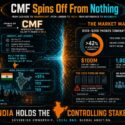 Infographic: CMF spins off from Nothing as an independent company majority-owned in India, holding over 51% controlling stake, Indian board majority, and full IP and OS sovereignty. It inherits Nothing OS, supplier relationships, and R&D independence. Market data shows $100-$200 phones make up over 42% of India's phone shipments. The CMF-Optiemus joint venture involves $100M in manufacturing and creates over 1,800 local jobs. A 2026 pipeline risk is noted due to volatile RAM prices delaying launches, and no named controlling shareholders exist yet, though structure is in place. Tagline: sovereign ownership, local R&D, global ambition