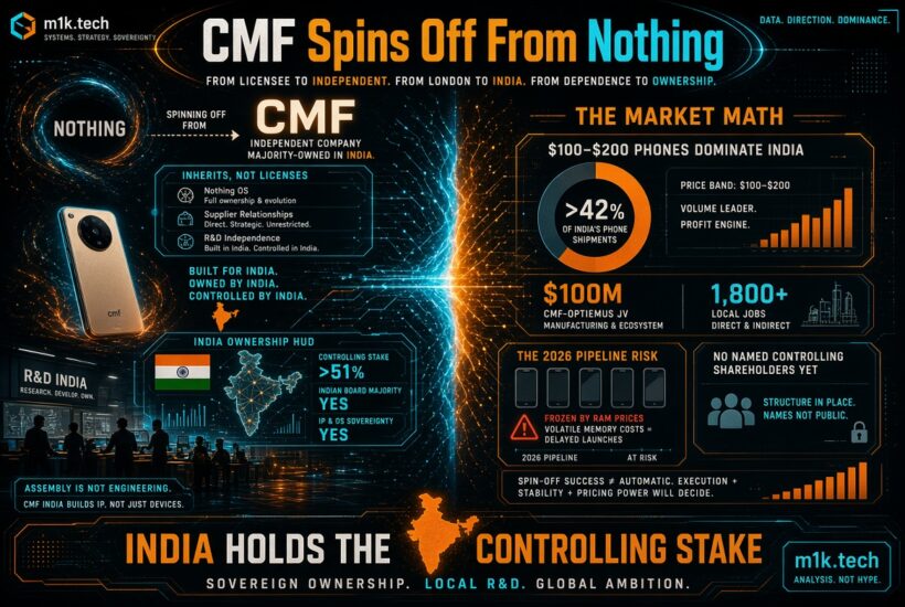 Infographic: CMF spins off from Nothing as an independent company majority-owned in India, holding over 51% controlling stake, Indian board majority, and full IP and OS sovereignty. It inherits Nothing OS, supplier relationships, and R&D independence. Market data shows $100-$200 phones make up over 42% of India's phone shipments. The CMF-Optiemus joint venture involves $100M in manufacturing and creates over 1,800 local jobs. A 2026 pipeline risk is noted due to volatile RAM prices delaying launches, and no named controlling shareholders exist yet, though structure is in place. Tagline: sovereign ownership, local R&D, global ambition