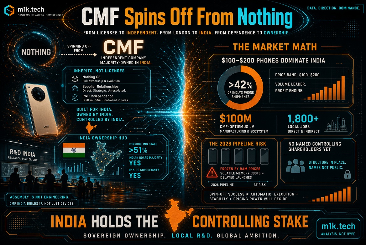 Infographic: CMF spins off from Nothing as an independent company majority-owned in India, holding over 51% controlling stake, Indian board majority, and full IP and OS sovereignty. It inherits Nothing OS, supplier relationships, and R&D independence. Market data shows $100-$200 phones make up over 42% of India's phone shipments. The CMF-Optiemus joint venture involves $100M in manufacturing and creates over 1,800 local jobs. A 2026 pipeline risk is noted due to volatile RAM prices delaying launches, and no named controlling shareholders exist yet, though structure is in place. Tagline: sovereign ownership, local R&D, global ambition