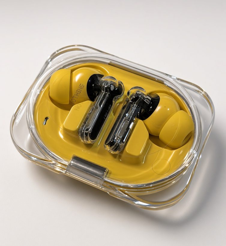 Nothing brand yellow wireless earbuds resting in their transparent charging case