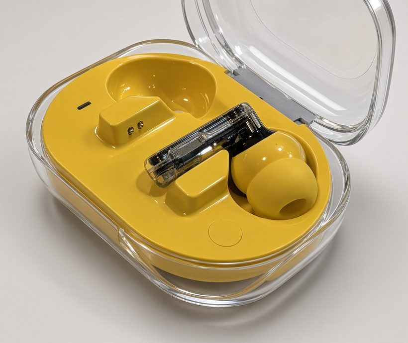 Open charging case with clear lid, yellow interior, and one yellow wireless earbud in its slot