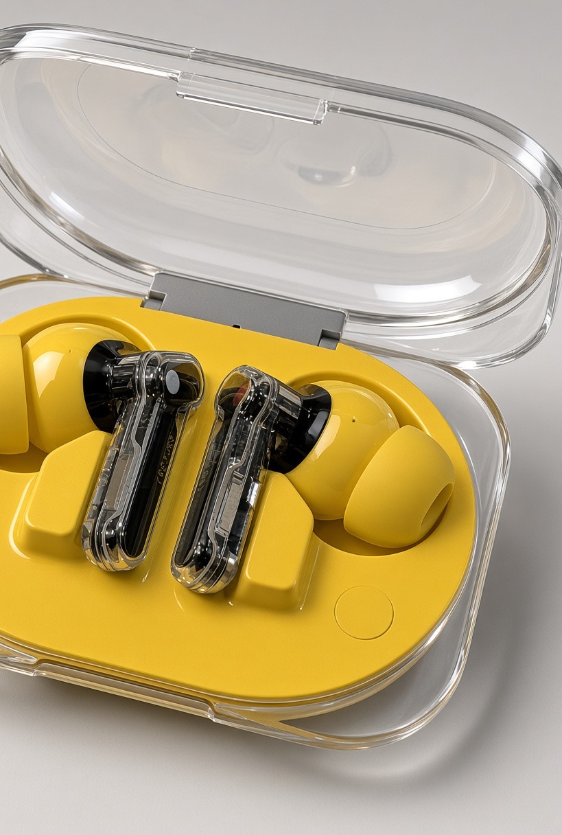 Transparent wireless earbuds with black accents seated in a yellow charging case with clear lid open