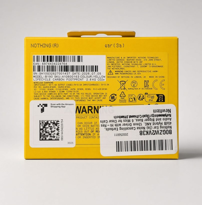 Back of Nothing Ear (3a) earbuds retail box, showing barcodes, model, serial, compliance, and shipping labels