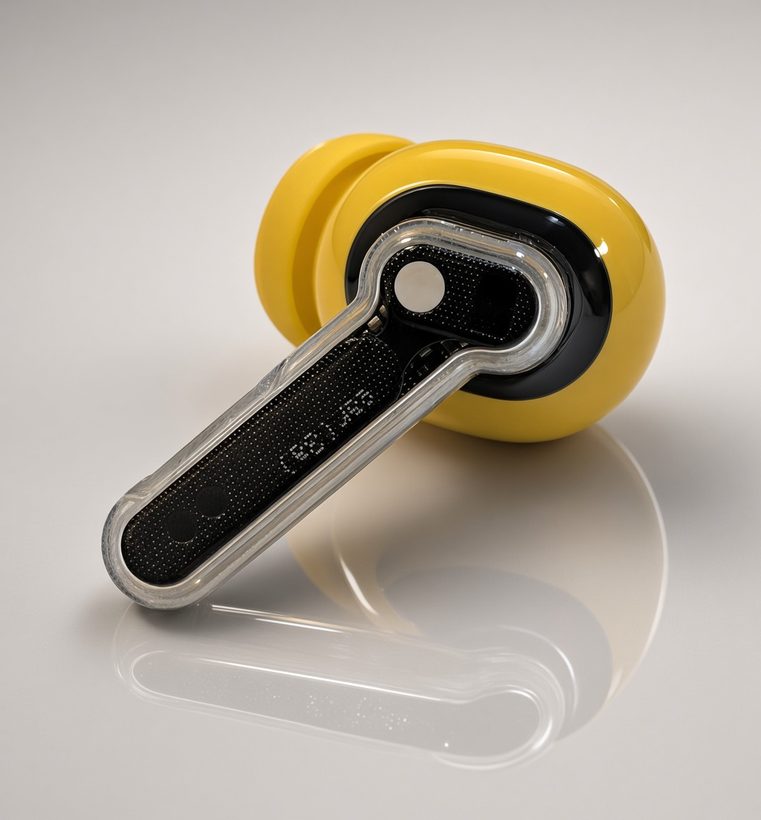 Yellow Nothing Ear (3a) earbud with transparent stem showing pinch control and microphone mesh detailing