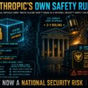 Infographic: D.C. Circuit ruled 2-1 that Anthropic's Claude safety rules (banning autonomous weapons targeting, mass surveillance) count as a national security supply chain risk under FASCA 2018, prompting DoD to keep Claude off defense systems, rated high risk