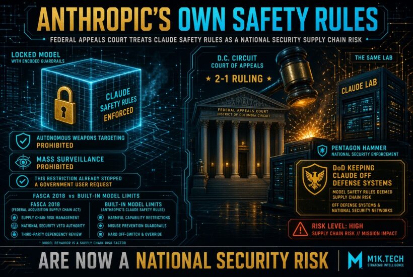 Infographic: D.C. Circuit ruled 2-1 that Anthropic's Claude safety rules (banning autonomous weapons targeting, mass surveillance) count as a national security supply chain risk under FASCA 2018, prompting DoD to keep Claude off defense systems, rated high risk