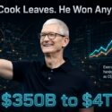 Illustration titled "Cook Leaves. He Won Anyway." showing Tim Cook waving, with text noting Apple's market cap grew $350B to $4T and Executive Chairman handoff to John Ternus as CEO, alongside a rising stock chart