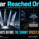 Graphic titled "Isar Reached Orbit" showing Spectrum rocket launching from Andøya, Norway, beside empty Paris International Space Summit hall with reserved United States SpaceX seat, headline "Four Days Before The Summit SpaceX Skipped," noting event proceeding without U.S. participation