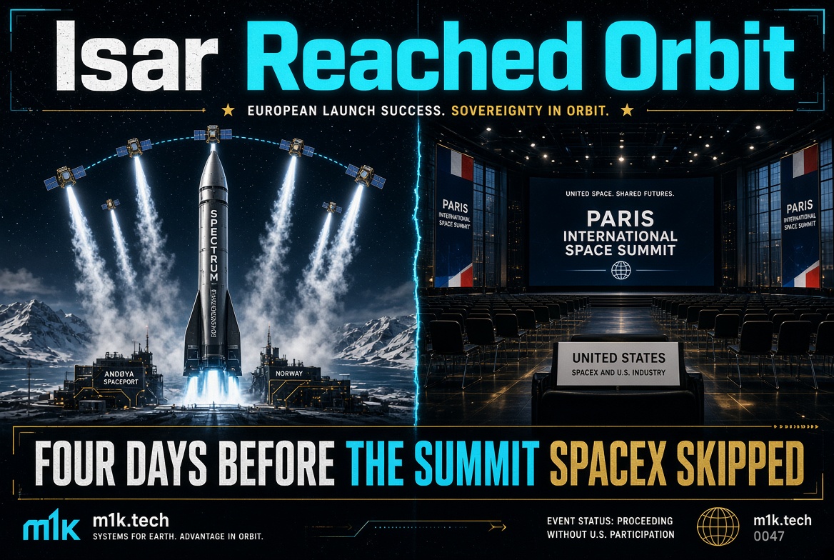 Graphic titled "Isar Reached Orbit" showing Spectrum rocket launching from Andøya, Norway, beside empty Paris International Space Summit hall with reserved United States SpaceX seat, headline "Four Days Before The Summit SpaceX Skipped," noting event proceeding without U.S. participation