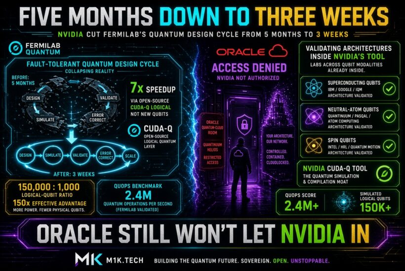 Infographic: Nvidia's CUDA-Q cut Fermilab's quantum design cycle from 5 months to 3 weeks (7x speedup), validating superconducting, neutral-atom, and spin qubit architectures with 2.4M QUOPS and 150K simulated logical qubits, while Oracle Cloud denies Nvidia access, captioned "Oracle Still Won't Let Nvidia In