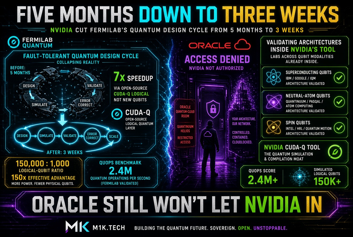 Infographic: Nvidia's CUDA-Q cut Fermilab's quantum design cycle from 5 months to 3 weeks (7x speedup), validating superconducting, neutral-atom, and spin qubit architectures with 2.4M QUOPS and 150K simulated logical qubits, while Oracle Cloud denies Nvidia access, captioned "Oracle Still Won't Let Nvidia In