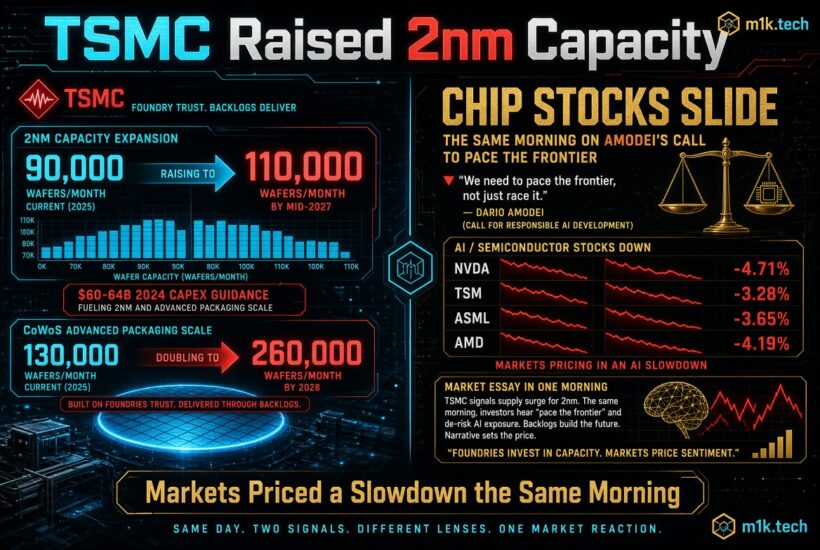 Infographic: TSMC raising 2nm capacity from 90,000 to 110,000 wafers/month by mid-2027, and CoWoS packaging from 130,000 to 260,000 wafers/month by 2028, backed by $60-64B 2024 capex. Meanwhile chip stocks slide the same morning after Dario Amodei's AI caution: NVDA -4.71%, TSM -3.28%, ASML -3.65%, AMD -4.19%, as markets price in an AI slowdown despite strong foundry capacity signals