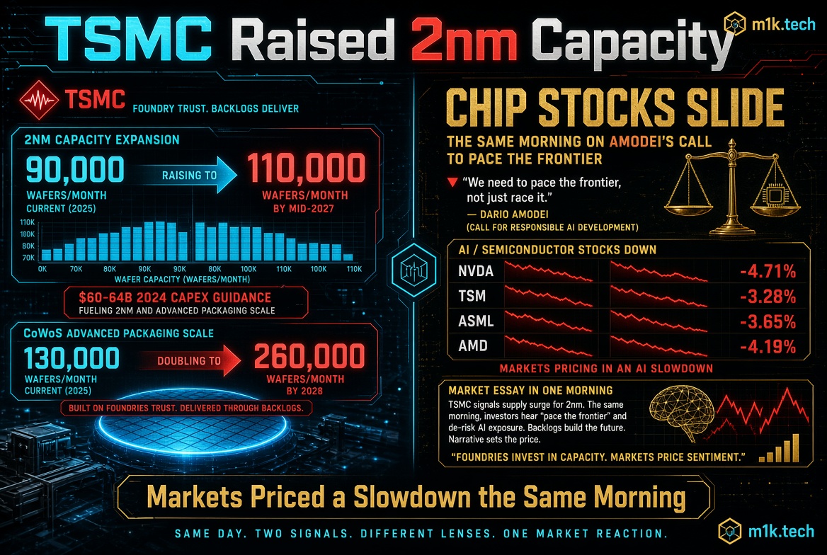 Infographic: TSMC raising 2nm capacity from 90,000 to 110,000 wafers/month by mid-2027, and CoWoS packaging from 130,000 to 260,000 wafers/month by 2028, backed by $60-64B 2024 capex. Meanwhile chip stocks slide the same morning after Dario Amodei's AI caution: NVDA -4.71%, TSM -3.28%, ASML -3.65%, AMD -4.19%, as markets price in an AI slowdown despite strong foundry capacity signals