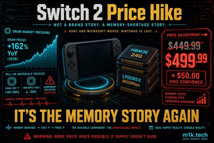 Infographic: Switch 2 price rises from $449.99 to $499.99 due to DRAM prices up 162% YoY and memory chip shortages, with warning of further hikes