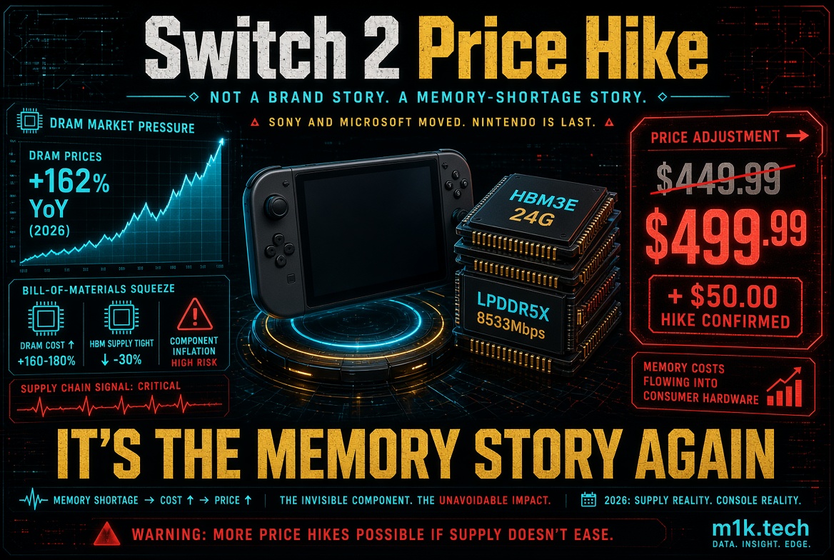 Infographic: Switch 2 price rises from $449.99 to $499.99 due to DRAM prices up 162% YoY and memory chip shortages, with warning of further hikes