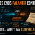 Infographic: Coles ends Palantir contract after 3 years amid a 127,842-signature petition against surveillance. Shows 840 connected stores, 98.7% uptime, Palantir Foundry node disconnecting, high vendor reputation risk, and rising public pressure, with headline "It still won't say surveillance
