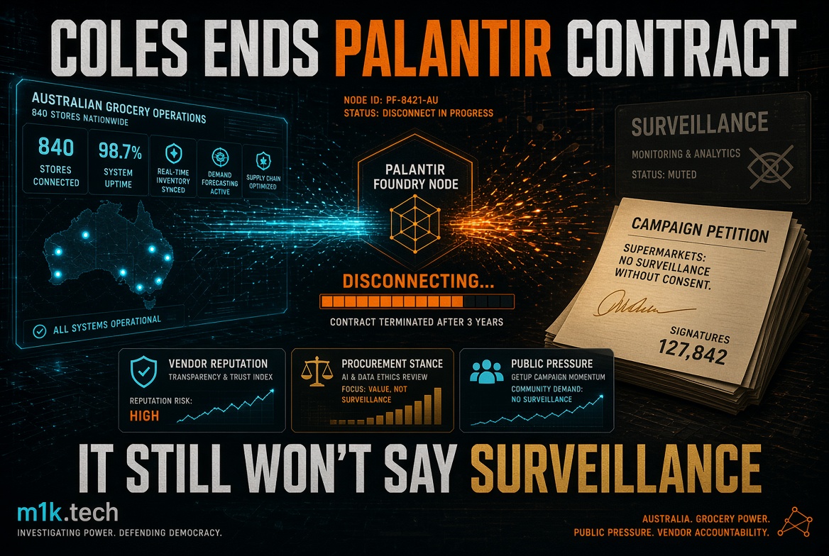 Infographic: Coles ends Palantir contract after 3 years amid a 127,842-signature petition against surveillance. Shows 840 connected stores, 98.7% uptime, Palantir Foundry node disconnecting, high vendor reputation risk, and rising public pressure, with headline "It still won't say surveillance
