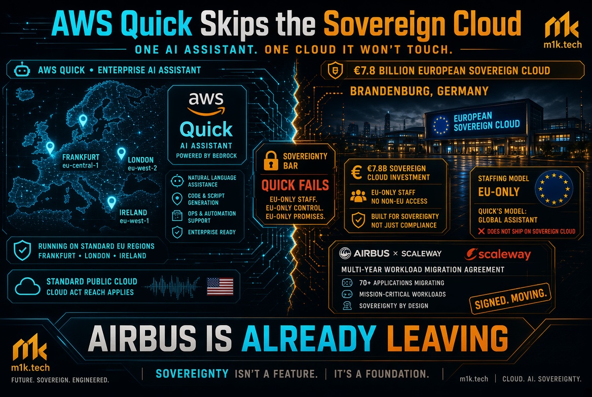 Infographic: AWS Quick AI runs on standard EU public cloud regions (Frankfurt, London, Ireland), subject to US Cloud Act, while Europe builds a €7.8B EU-only Sovereign Cloud in Brandenburg, Germany with EU-only staff and control. Airbus and Scaleway sign multi-year deal migrating 70+ mission-critical applications to sovereign infrastructure, as AWS Quick does not support sovereign cloud deployment
