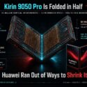 Infographic on Kirin 9050 Pro's LogicFolding design: two silicon layers folded and bonded face-to-face with 50 million vertical interconnects at 1.5 micron pitch, achieving 238M transistors/mm2 via SMIC N+3 process without EUV, contrasted with Huawei Mate XT2 tri-fold phone. Text reads "Huawei Ran Out of Ways to Shrink It