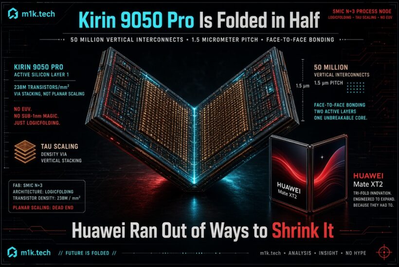 Infographic on Kirin 9050 Pro's LogicFolding design: two silicon layers folded and bonded face-to-face with 50 million vertical interconnects at 1.5 micron pitch, achieving 238M transistors/mm2 via SMIC N+3 process without EUV, contrasted with Huawei Mate XT2 tri-fold phone. Text reads "Huawei Ran Out of Ways to Shrink It