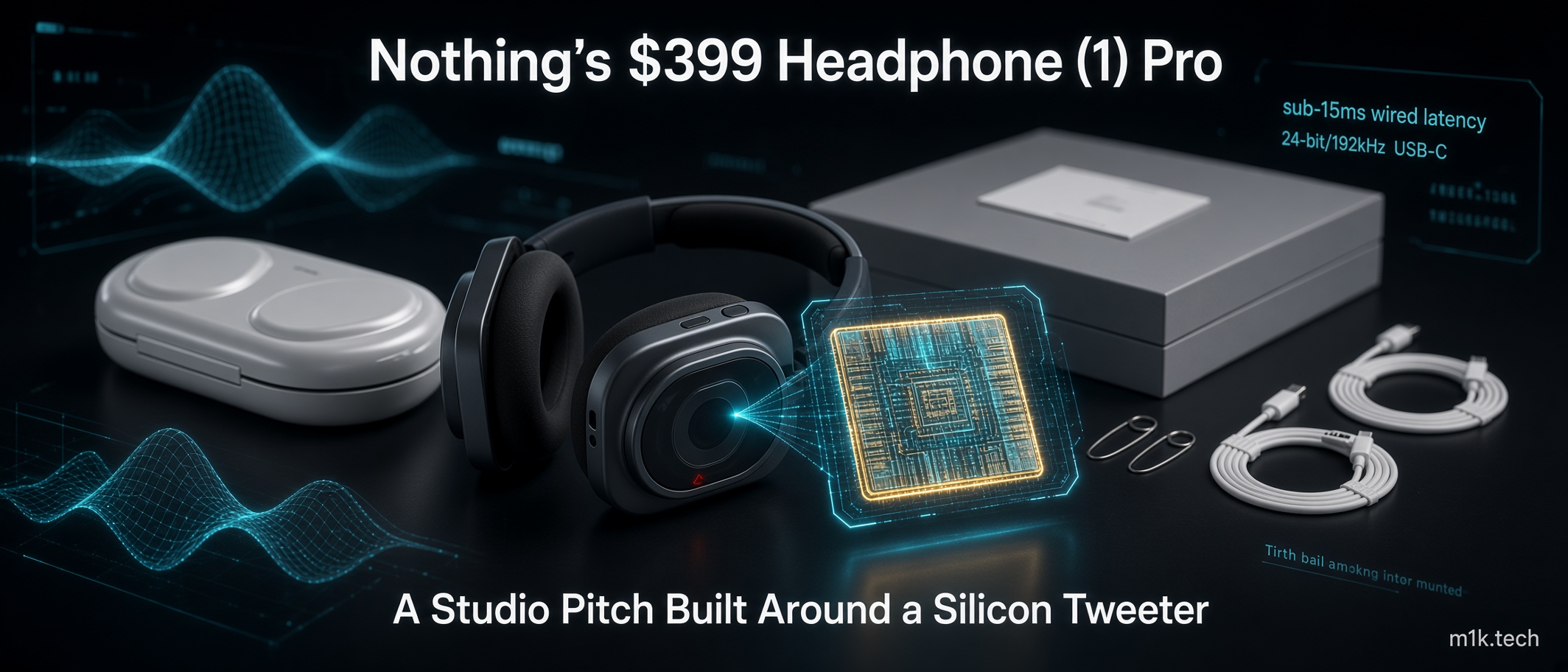 Illustration of Nothing's Headphone (1) Pro headset with case, box, USB-C cables, and a highlighted chip graphic showing sub-15ms wired latency and 24-bit/192kHz USB-C specs