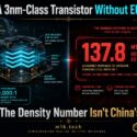 Infographic: gate-all-around nanosheet transistor made via DUV lithography (no EUV), with 500,000:1 on-off ratio reported by CAS Institute of Microelectronics; disputes viral 137.8 MTr/mm2 density claim as unverified back-of-envelope math, not China's actual data