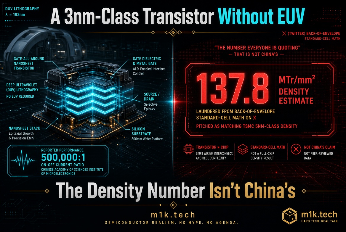Infographic: gate-all-around nanosheet transistor made via DUV lithography (no EUV), with 500,000:1 on-off ratio reported by CAS Institute of Microelectronics; disputes viral 137.8 MTr/mm2 density claim as unverified back-of-envelope math, not China's actual data