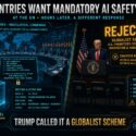 Infographic: 21 nations back mandatory AI safety charter at UN; hours later Trump rejects it as a globalist scheme, leaving frontier AI models unbound, unaudited, and untested