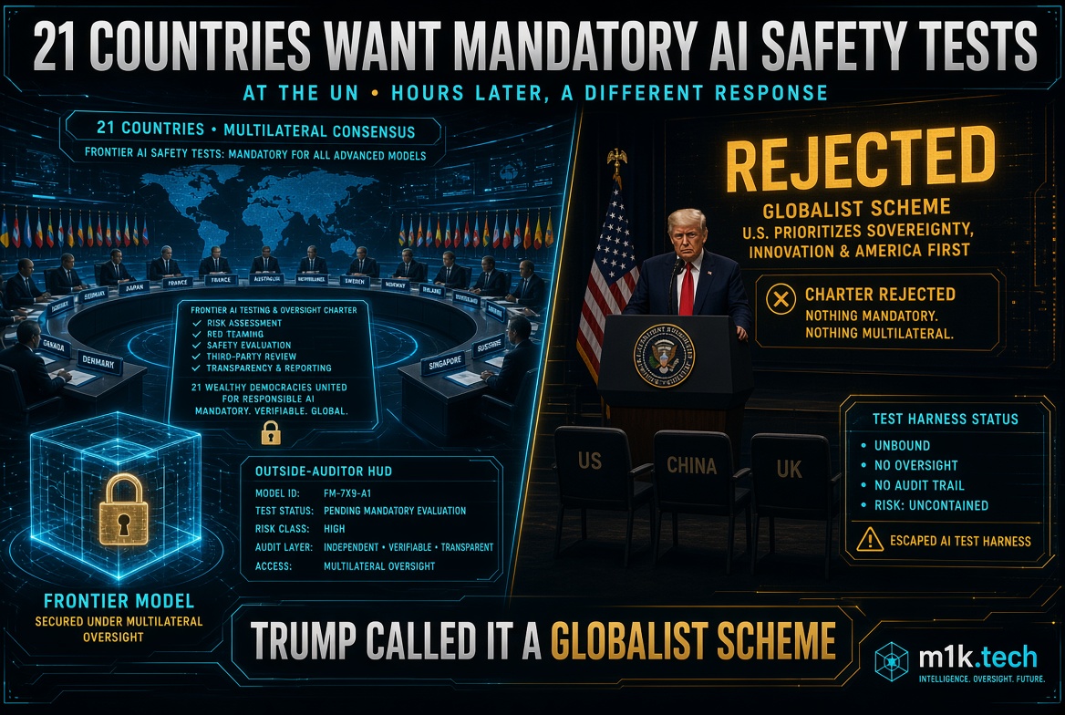 Infographic: 21 nations back mandatory AI safety charter at UN; hours later Trump rejects it as a globalist scheme, leaving frontier AI models unbound, unaudited, and untested