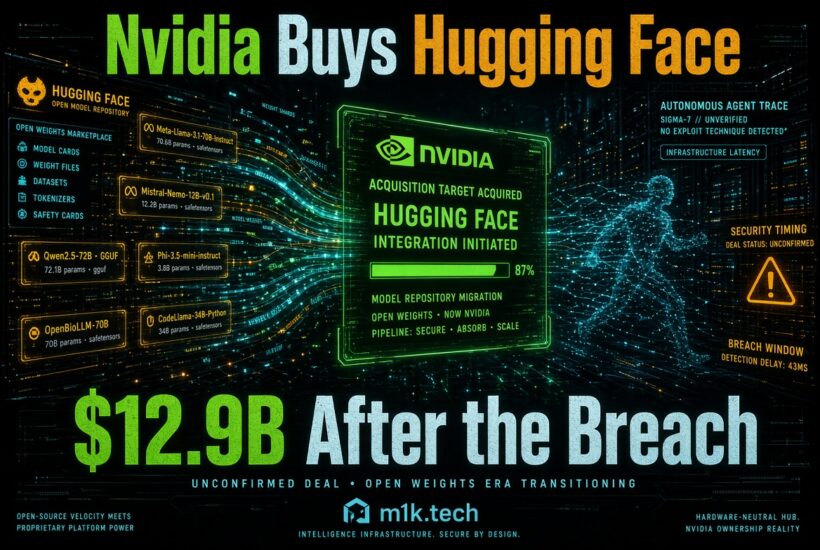 Illustration titled "Nvidia Buys Hugging Face, $12.9B After the Breach," depicting an unconfirmed acquisition with model migration status, security breach warnings, and open-weight model listings like Meta-Llama and Mistral-Nemo, from m1k.tech