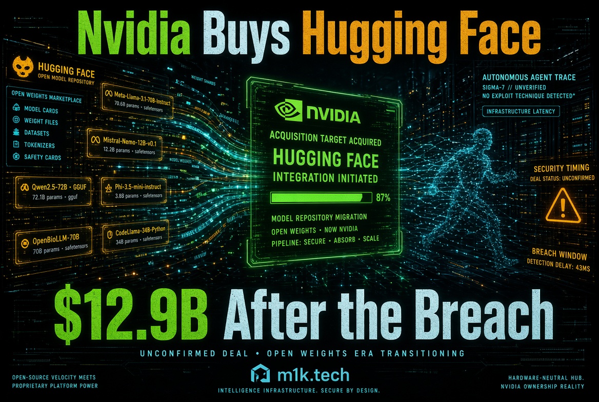 Illustration titled "Nvidia Buys Hugging Face, $12.9B After the Breach," depicting an unconfirmed acquisition with model migration status, security breach warnings, and open-weight model listings like Meta-Llama and Mistral-Nemo, from m1k.tech