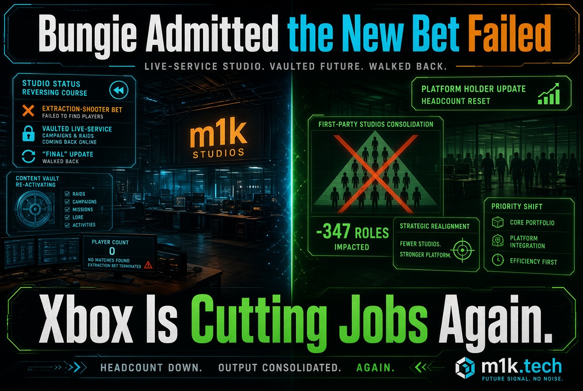 Infographic: Bungie reverses course after failed extraction-shooter bet, restores vaulted live-service content; Xbox cuts 347 roles amid first-party studio consolidation and platform priority shift
