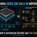 Infographic: Fujitsu Monaka chip, made in Japan, using 4x 2nm N2P chiplets, 3.5D stack, 845 GB/s DDR5, targets Europe's sovereign AI buyers (ministries, hospitals, banks, defense) over TSMC/Broadcom supply chain, with traceable, air-cooled hardware; orders open November, servers shipping April 2027