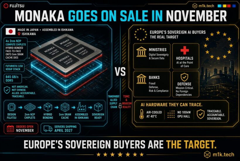 Infographic: Fujitsu Monaka chip, made in Japan, using 4x 2nm N2P chiplets, 3.5D stack, 845 GB/s DDR5, targets Europe's sovereign AI buyers (ministries, hospitals, banks, defense) over TSMC/Broadcom supply chain, with traceable, air-cooled hardware; orders open November, servers shipping April 2027
