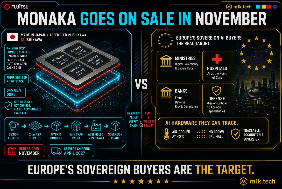 Infographic: Fujitsu Monaka chip, made in Japan, using 4x 2nm N2P chiplets, 3.5D stack, 845 GB/s DDR5, targets Europe's sovereign AI buyers (ministries, hospitals, banks, defense) over TSMC/Broadcom supply chain, with traceable, air-cooled hardware; orders open November, servers shipping April 2027