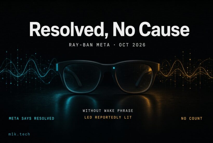 Illustration for Ray-Ban Meta Oct 2026 issue: smart glasses with lit LED, text reads "Resolved, No Cause," without wake phrase, no incident count