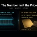 Infographic titled "The Number Isn't the Price," Huawei-Qualcomm, Oct 2026: Huawei patent contracts worth over $6.9 billion versus an undisclosed price for a 5G, AI, compute, and networking LogicFolding license covering FTC review and HSR Act