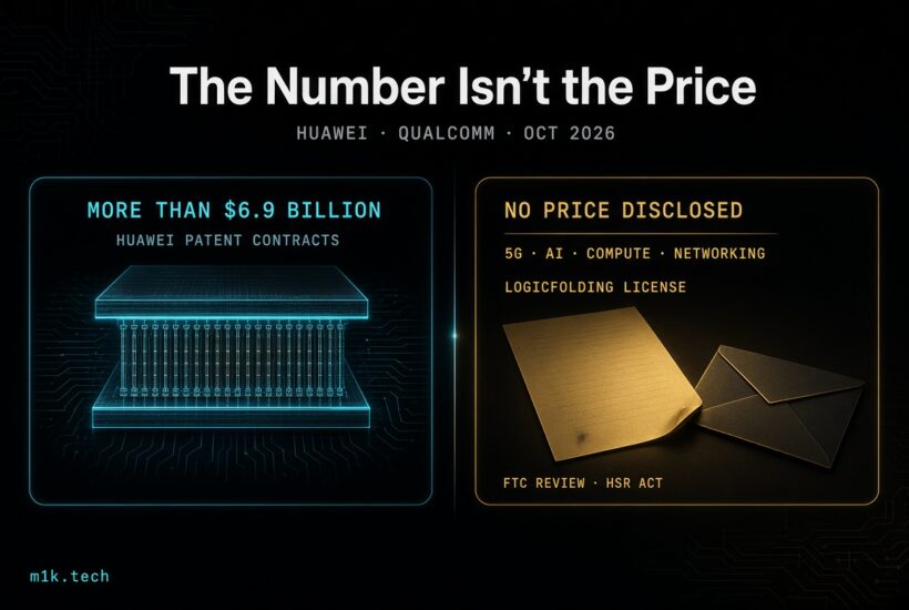 Infographic titled "The Number Isn't the Price," Huawei-Qualcomm, Oct 2026: Huawei patent contracts worth over $6.9 billion versus an undisclosed price for a 5G, AI, compute, and networking LogicFolding license covering FTC review and HSR Act