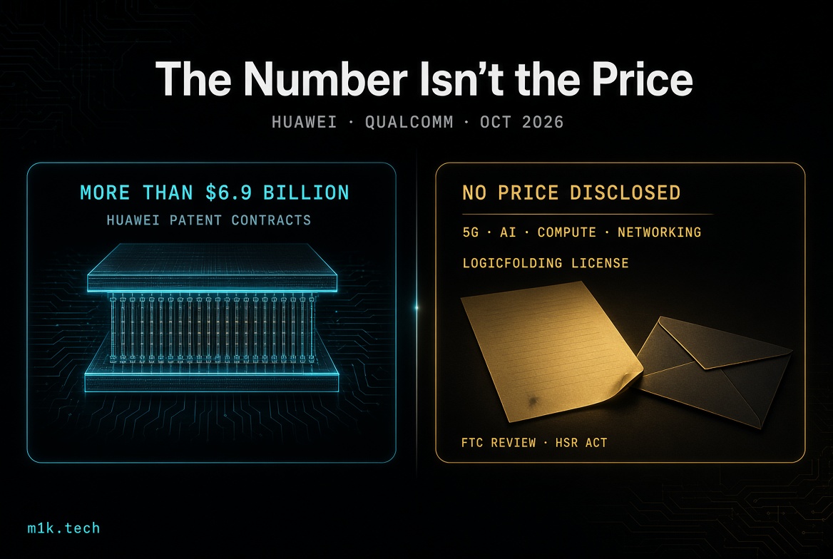 Infographic titled "The Number Isn't the Price," Huawei-Qualcomm, Oct 2026: Huawei patent contracts worth over $6.9 billion versus an undisclosed price for a 5G, AI, compute, and networking LogicFolding license covering FTC review and HSR Act