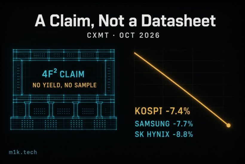 Infographic titled A Claim, Not a Datasheet, CXMT Oct 2026: chip diagram labeled 4F2 Claim, No Yield, No Sample; declining chart showing KOSPI -7.4%, Samsung -7.7%, SK Hynix -8.8%