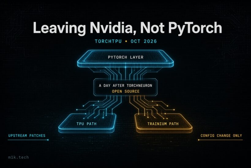 Diagram titled Leaving Nvidia, Not PyTorch, TorchTPU Oct 2026: PyTorch Layer splits a day after TorchNeuron open source into TPU Path (upstream patches) and Trainium Path (config change only)