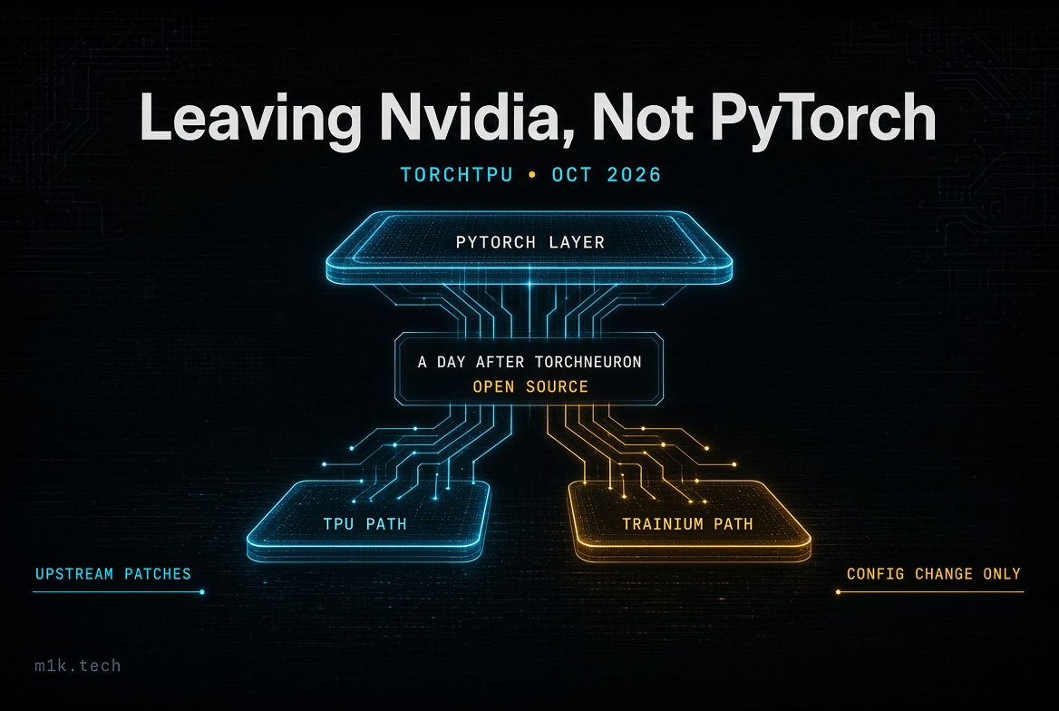 Diagram titled Leaving Nvidia, Not PyTorch, TorchTPU Oct 2026: PyTorch Layer splits a day after TorchNeuron open source into TPU Path (upstream patches) and Trainium Path (config change only)